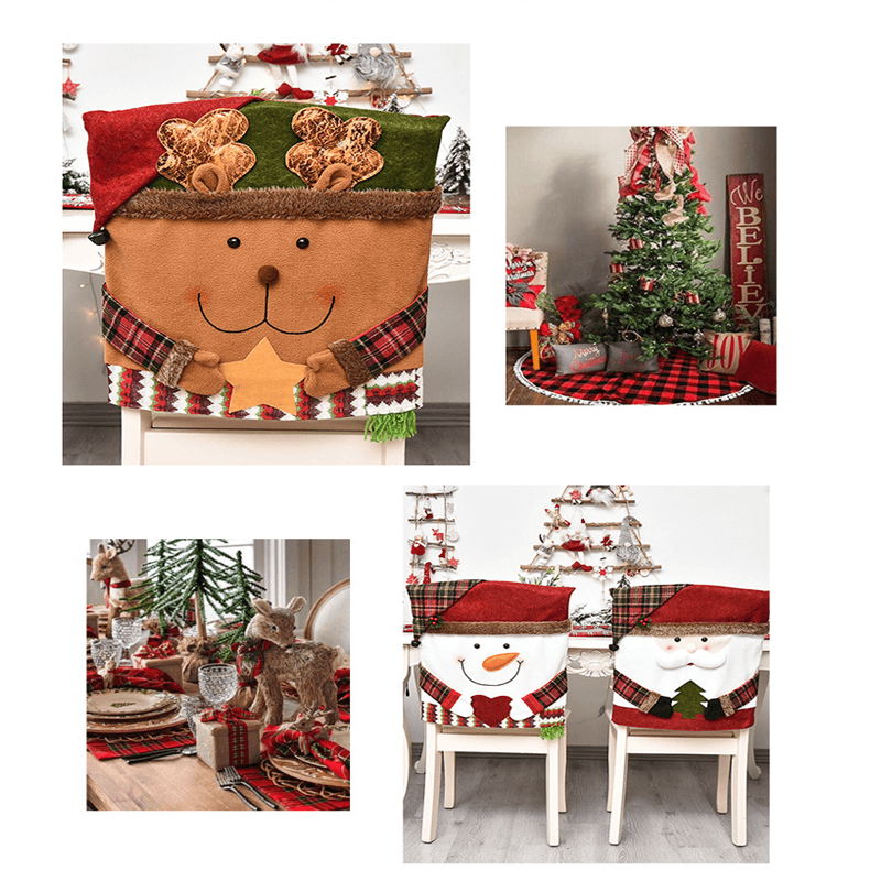 3x Juledekorerte Stolovertrekk for Ryggstøtten 48x54cm - Julenisse, Snømann, Rein