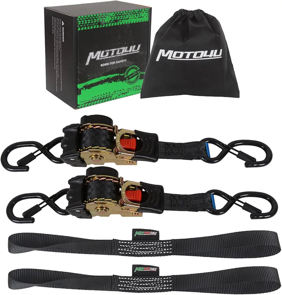MOTO4U Uttrekkbare Jekkestropper, 1" x 6' Selvlåsende Jekkestropper med Myke Løkker og Oppbevaringspose, Kraftig Oppgradert S-krok med Klips 660LBS for Motorsykkel, Kajakk, ATV, Båter