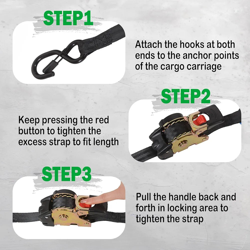 MOTO4U Uttrekkbare Jekkestropper, 1" x 6' Selvlåsende Jekkestropper med Myke Løkker og Oppbevaringspose, Kraftig Oppgradert S-krok med Klips 660LBS for Motorsykkel, Kajakk, ATV, Båter