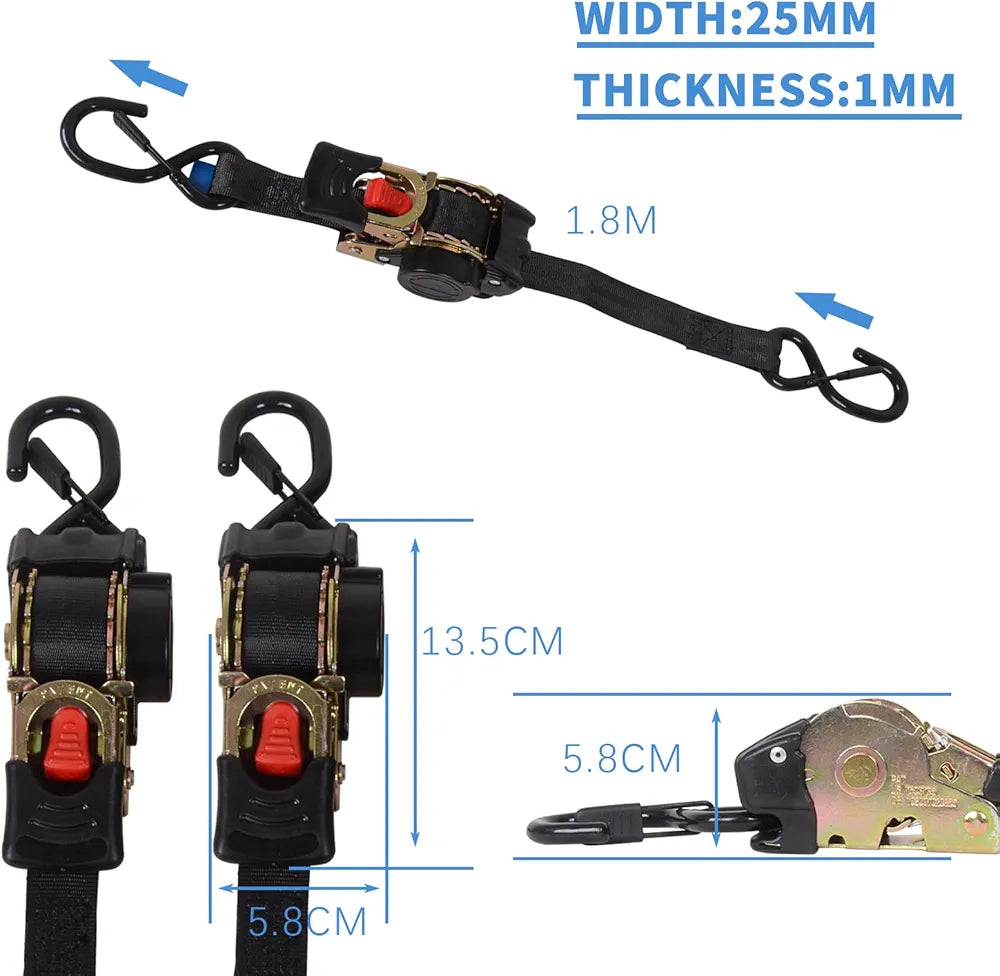 MOTO4U Uttrekkbare Jekkestropper, 1" x 6' Selvlåsende Jekkestropper med Myke Løkker og Oppbevaringspose, Kraftig Oppgradert S-krok med Klips 660LBS for Motorsykkel, Kajakk, ATV, Båter