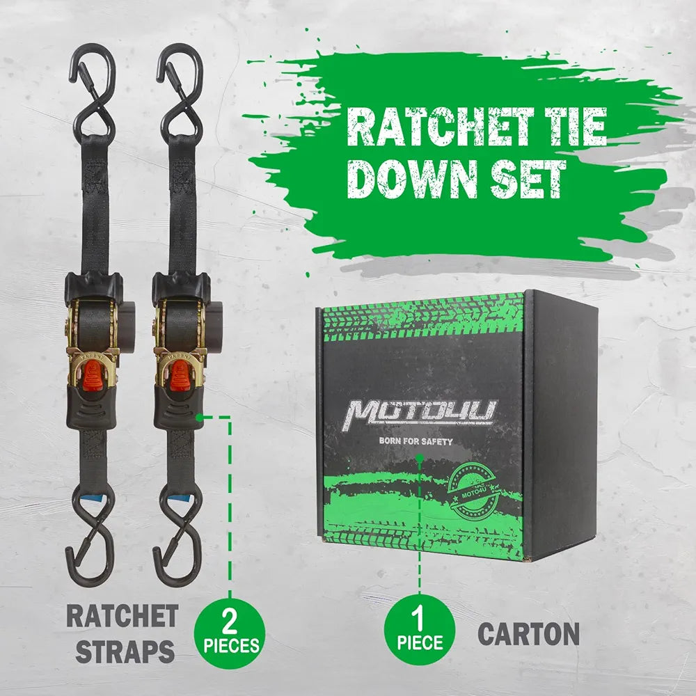 MOTO4U Uttrekkbare Jekkestropper, 1" x 6' Selvlåsende Jekkestropper med Myke Løkker og Oppbevaringspose, Kraftig Oppgradert S-krok med Klips 660LBS for Motorsykkel, Kajakk, ATV, Båter