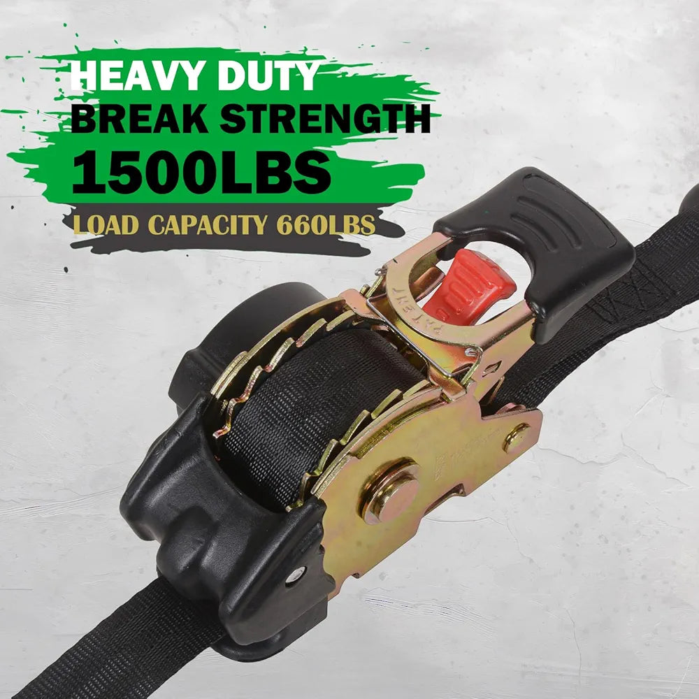 MOTO4U Uttrekkbare Jekkestropper, 1" x 6' Selvlåsende Jekkestropper med Myke Løkker og Oppbevaringspose, Kraftig Oppgradert S-krok med Klips 660LBS for Motorsykkel, Kajakk, ATV, Båter