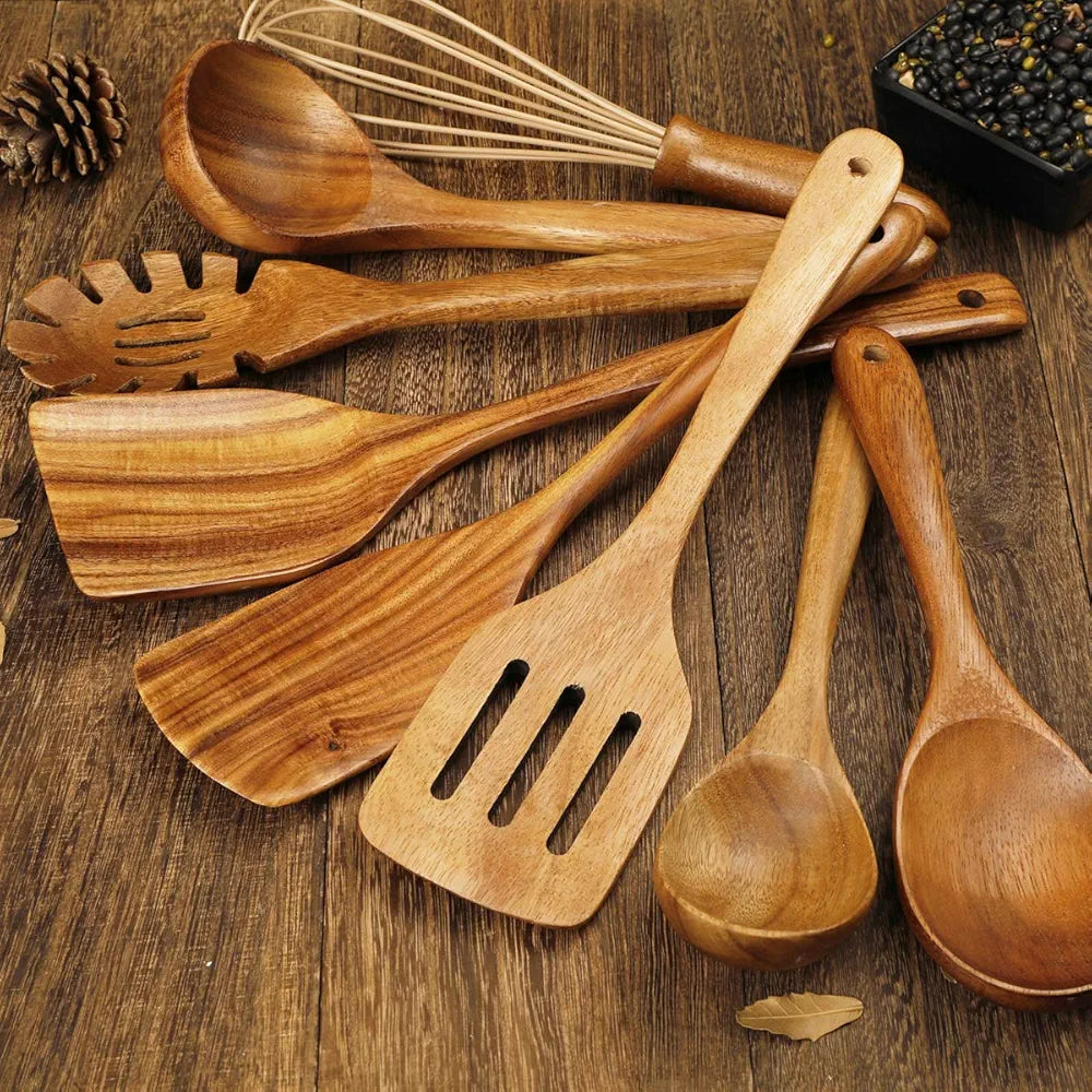 Kjøkkenredskaper i tre for matlaging, naturlig teak treredskapssett, treskjeer for matlaging non-stick kjøkkenredskapssett slikkepott