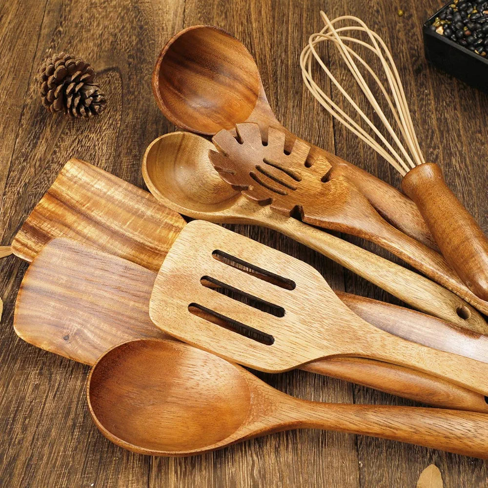 Kjøkkenredskaper i tre for matlaging, naturlig teak treredskapssett, treskjeer for matlaging non-stick kjøkkenredskapssett slikkepott