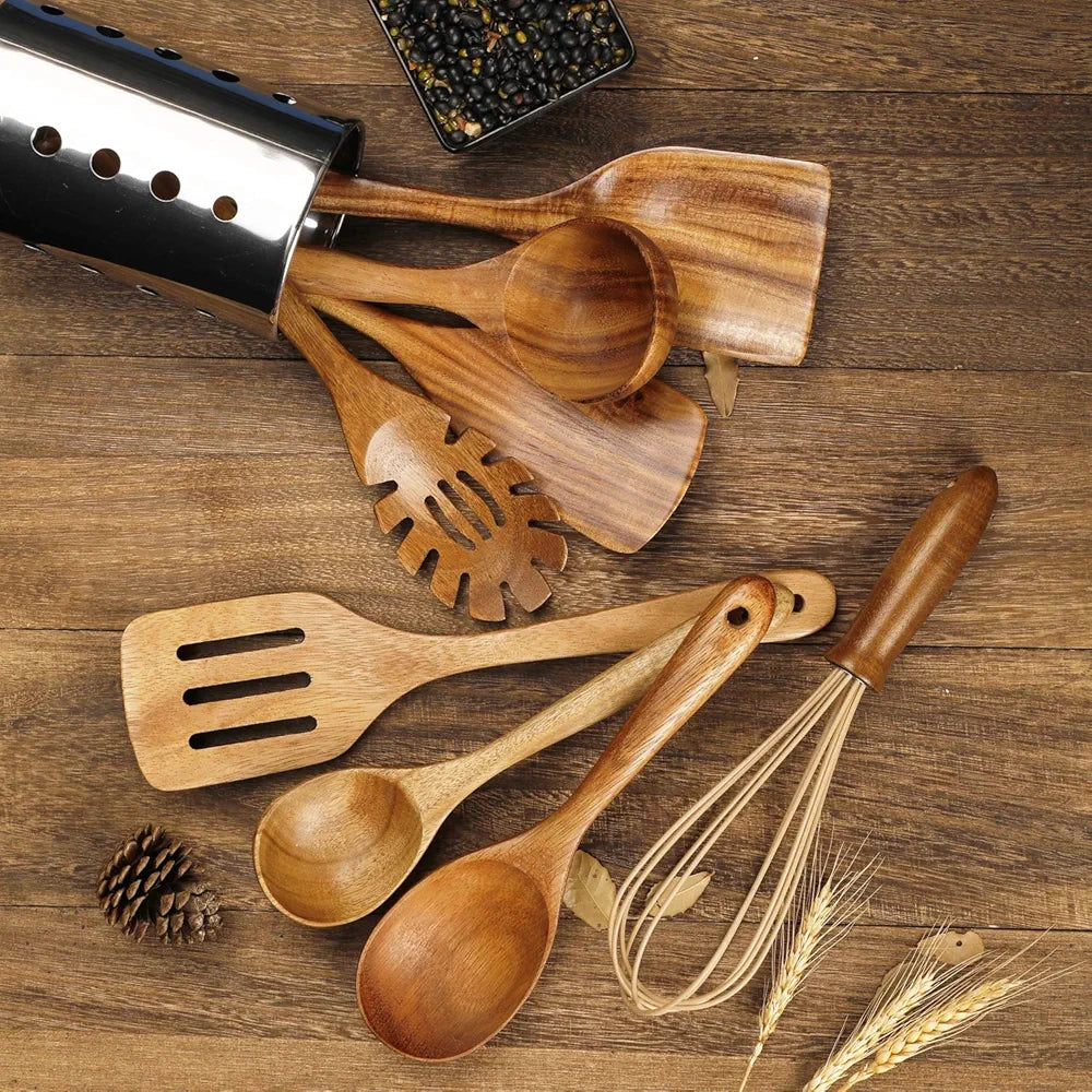 Kjøkkenredskaper i tre for matlaging, naturlig teak treredskapssett, treskjeer for matlaging non-stick kjøkkenredskapssett slikkepott