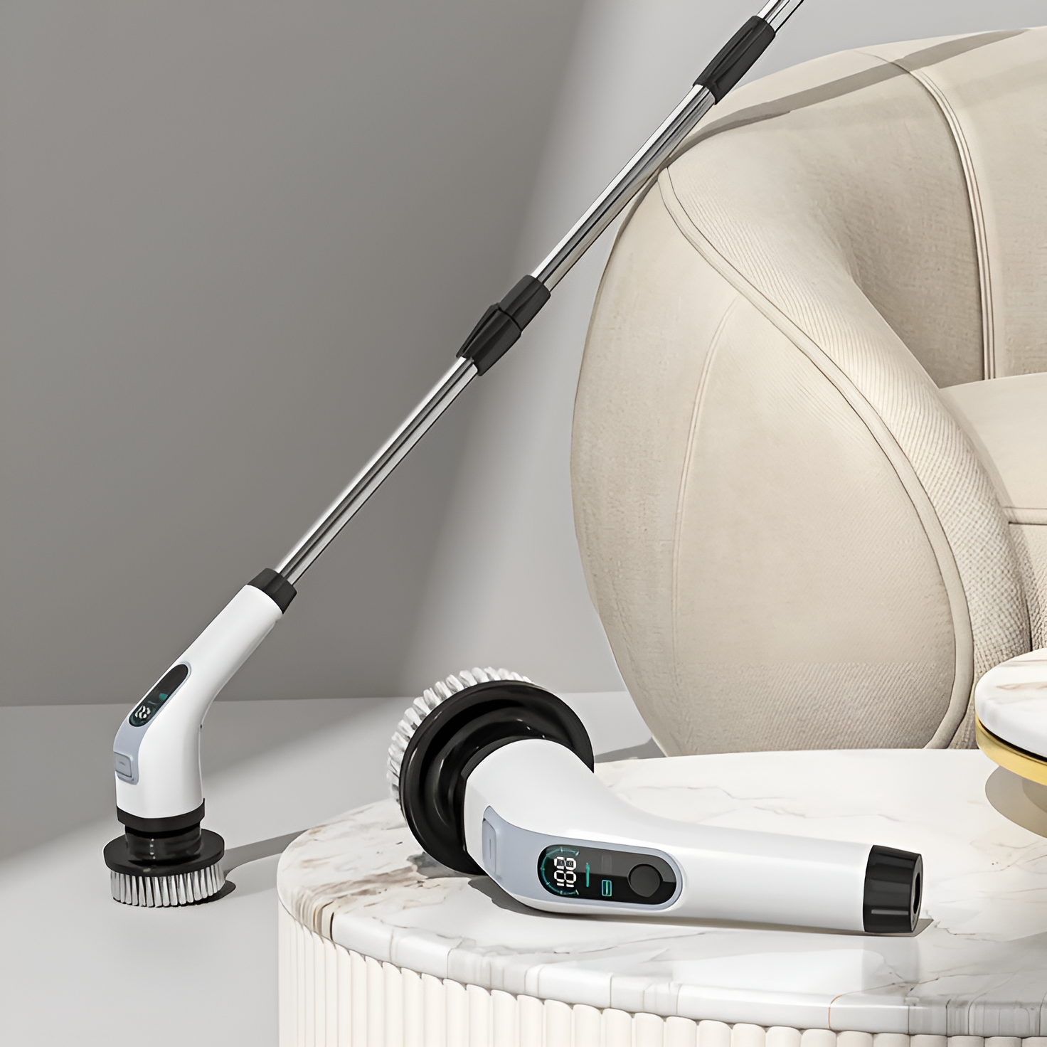 SpinClean - 9-i-1 Elektrisk Rengjøringsbørste Med Stav For Skånsom Rengjøring