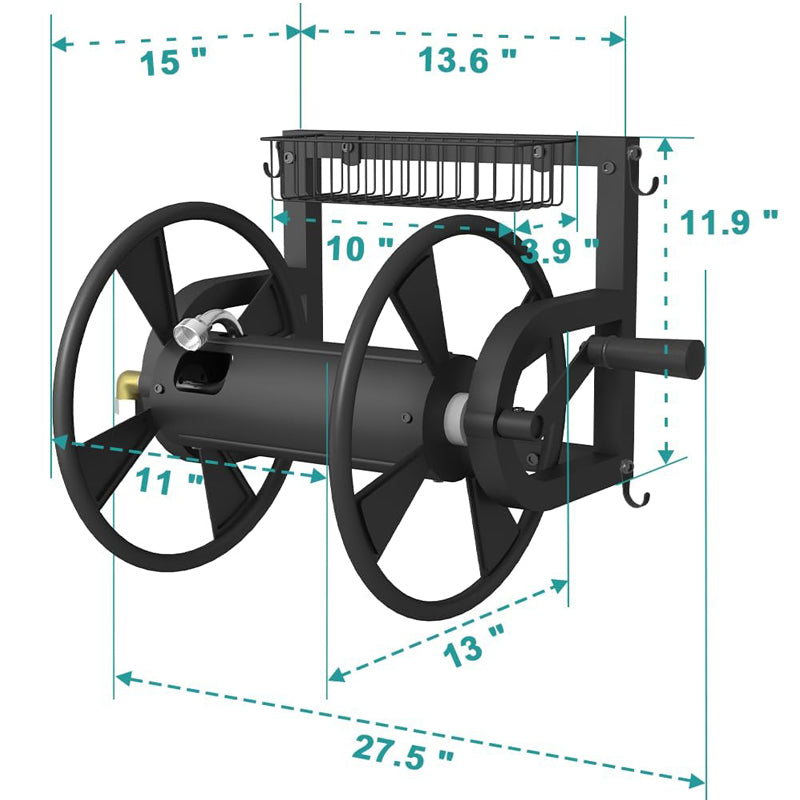 Hageslangetrommel med krok, veggmontert