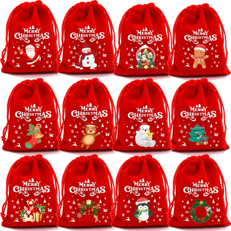 12 stk. Juleposer Gaveposer Julegave i Stoff 9x12cm - Juletre, Julenisse, Elg God Jul