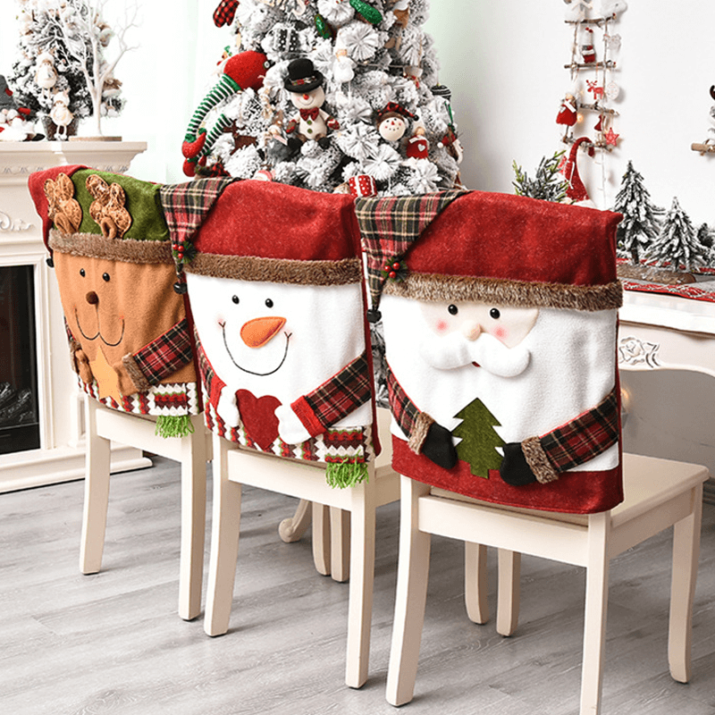 3x Juledekorerte Stolovertrekk for Ryggstøtten 48x54cm - Julenisse, Snømann, Rein