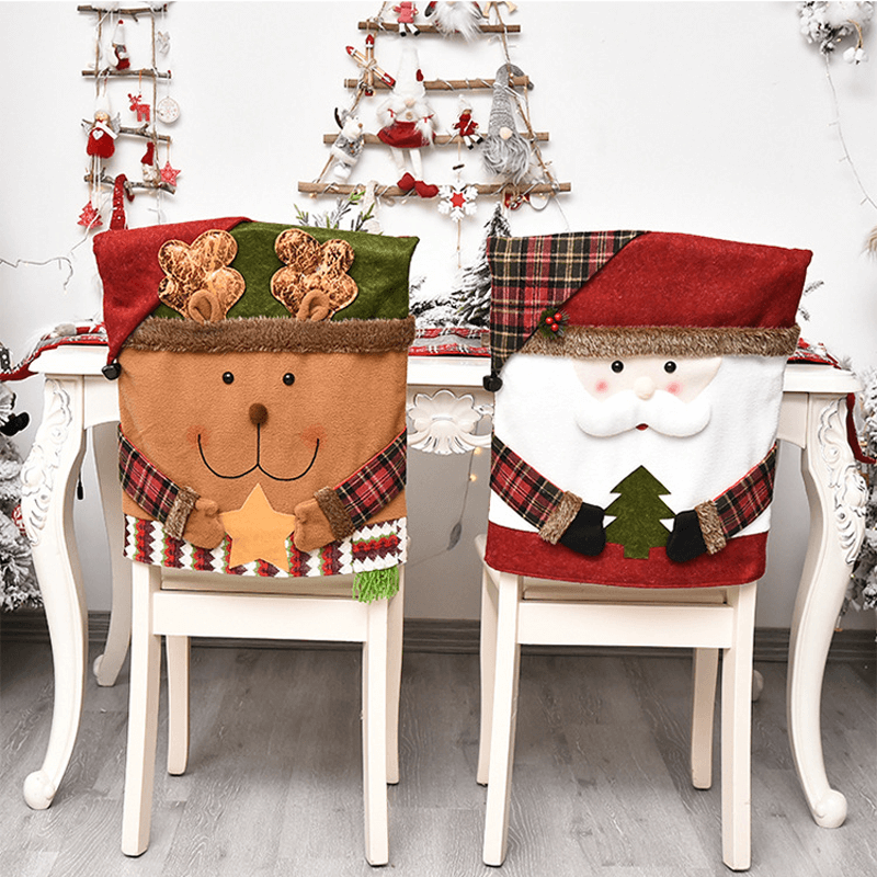 3x Juledekorerte Stolovertrekk for Ryggstøtten 48x54cm - Julenisse, Snømann, Rein