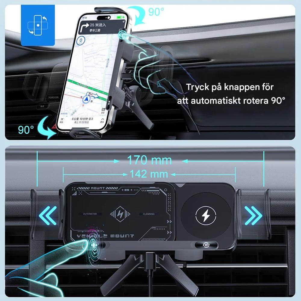 ChargeMount - Justerbar Smart Biltelefonholder med 15W Trådløs Ladeplate for Fellbare Skjermer